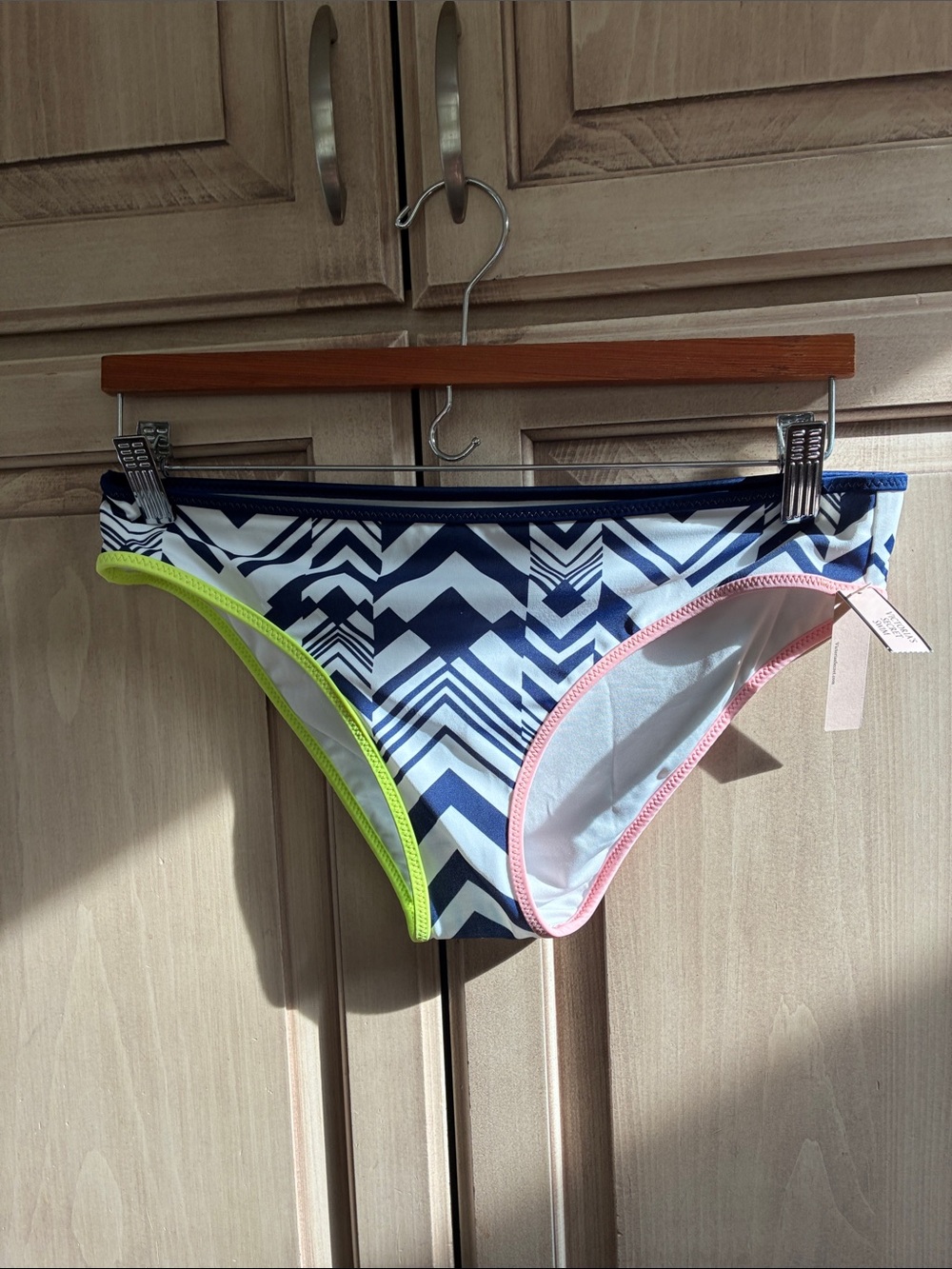 Navy Geometric Bikini Bottom with Neon Trim - Women Swim